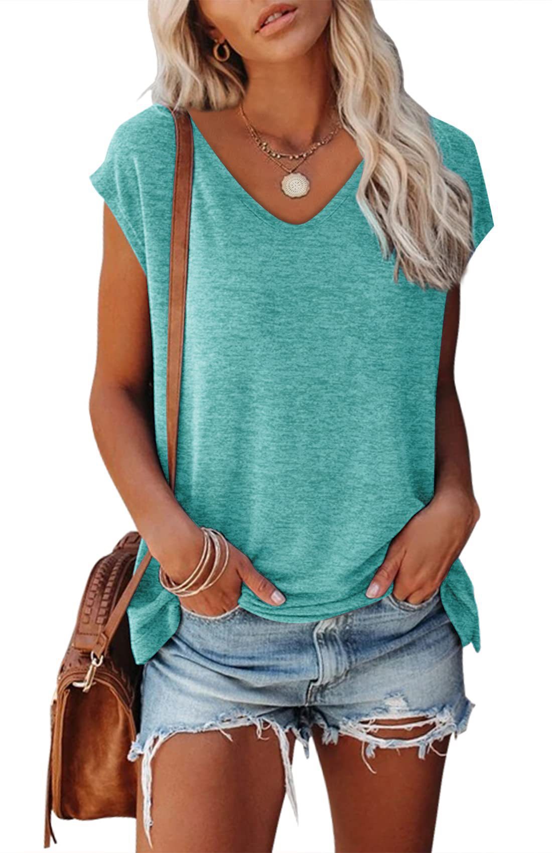 Women's Cap Sleeve V-neck Solid Color Casual Loose-fitting T-shirt - Chic Angle